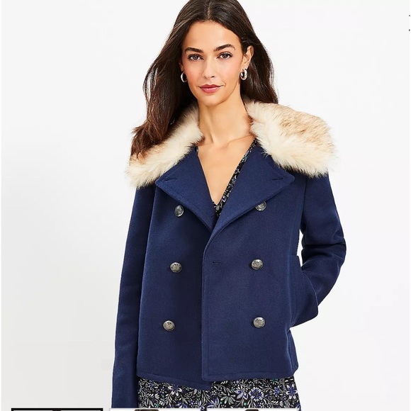 NWT LOFT Faux Fur Collar Doublecloth Jacket in Navy blue - Picture 1 of 3